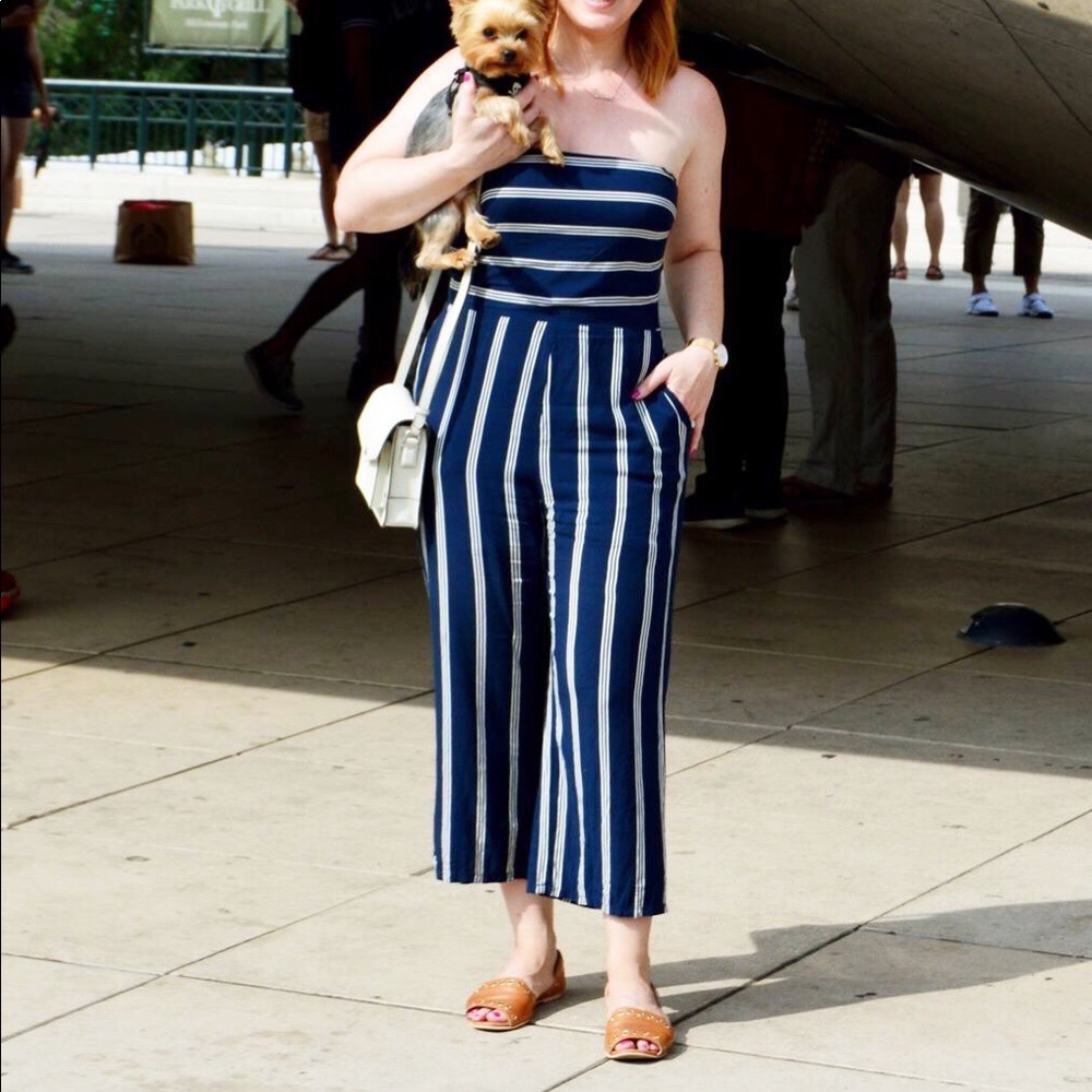 Blue and white strapless jumpsuit